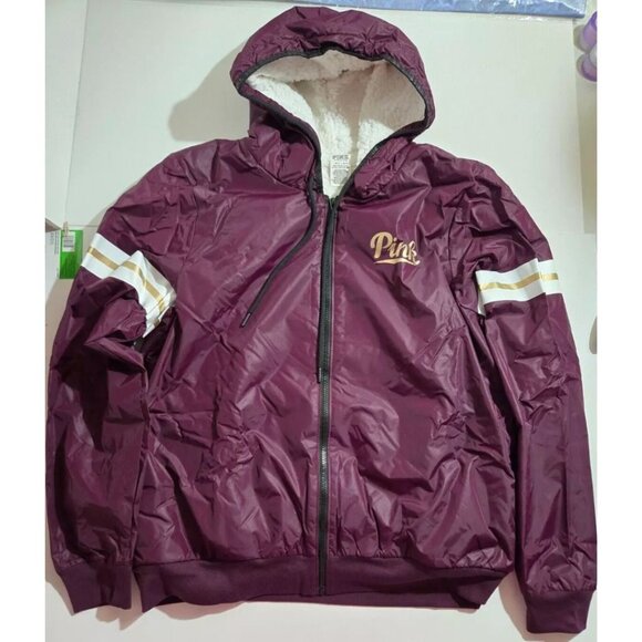 NEW Victoria's Secret PINK Anorak Windbreaker Hoodie Sherpa Black Orchid M - L - Picture 1 of 5